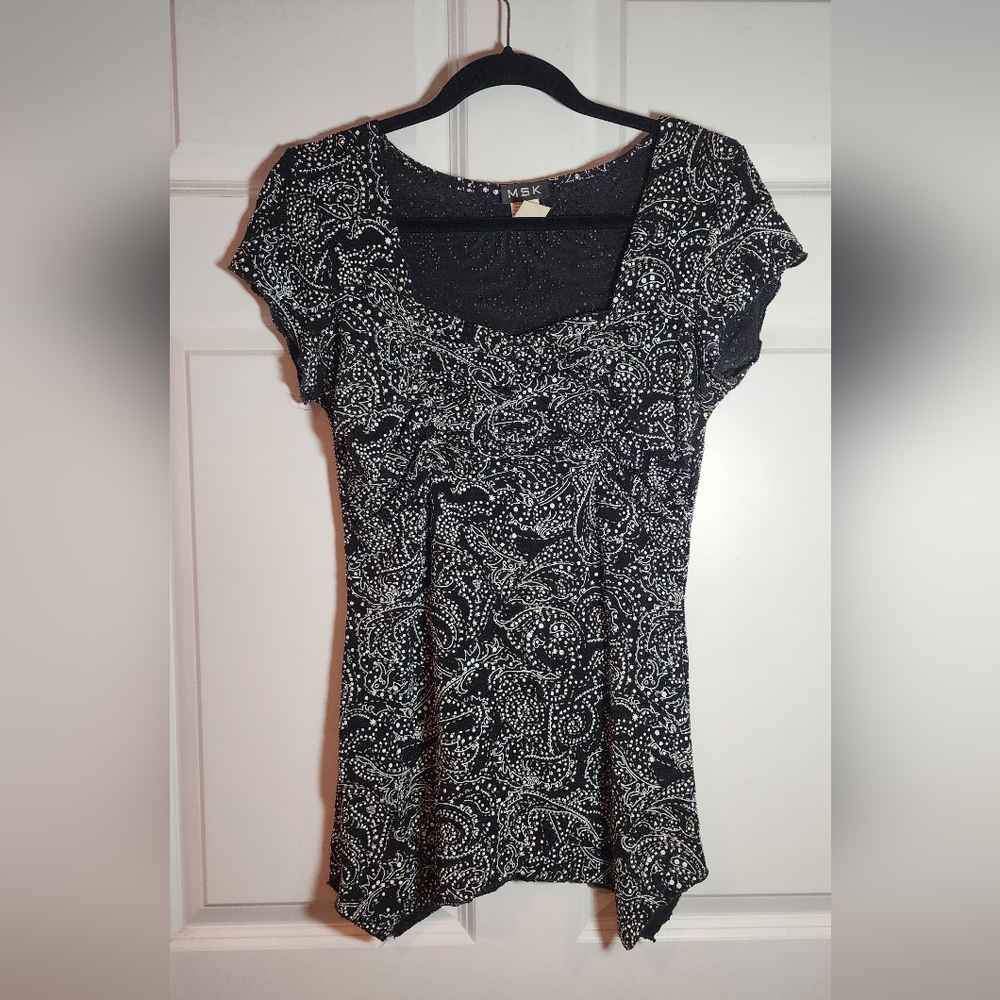 MSK Black and White Paisley Short Sleeve Top Stretchy Textured Sparkle M